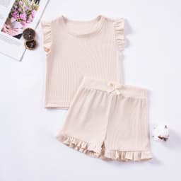 2 Piece Summer Suit for Preschool Girls Solid Color Casual Short Sleeve Shorts for Girls Comfortable and Soft Clothes