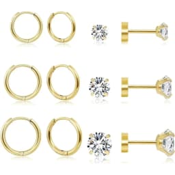 12pcs 20G Hypoallergenic Stainless Steel Flatback Stud Earrings Set for Women Men, Sparkling Cubic Zerconia Screw Back Earrings