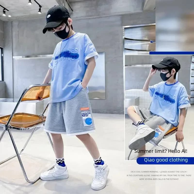Boys Unique Short Sleeve Suit Summer 2024 Medium To Big Children Sports Thin Two-piece Set
