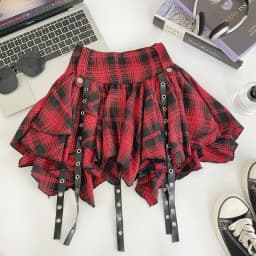 Gothic Mini Skirt with Hanging Grommet Strap Tiered Ruffles High Waist Tartan Skirt Women Teen-Girl Grunge Punk Rock Y2K Outfit