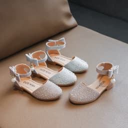Elegant Girl Leather Shoes Sweet Fashion Bowknot Kids Causal Flat Sandals Korean Style Rhinestone Children Princess Single Shoes