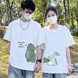 T-Shirt Paired with Dinosaur Double T-Shirt, Summer High-Quality Pure Cotton Casual Top, Couple Style Short-Sleeved T-Shirt