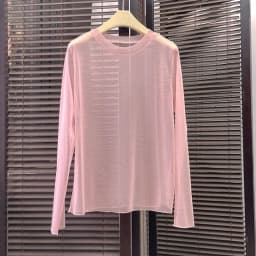 Xpqbb Women Transparent Mesh T Shirt Candy Colors Thin Basic Sheer Blouses Woman Summer See-Through Black Long Sleeve Tees Tops
