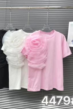 3D Flowers Stitch Short Sleeve Cotton Tshirt Three-Dimensional Big Flower Loose Casual T-shirt for Women Tops Tees White Pink