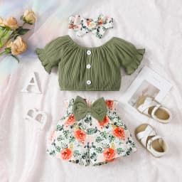 Summer round neck cute casual girl aged 0-2, Cotton Short Sleeved Headscarf, Printed Bow Shorts, Baby Wear