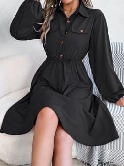 Autumn Winter Dresses for Women Casual Solid Color Button Tie Up Long Sleeved Shirt Dress Blue Green Black Red Woman Clothing