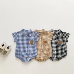Baby Summer Clothes Boys Checked Bear Embroidered Shirt Collar Short-Sleeved Jumpsuit Children's Clothing