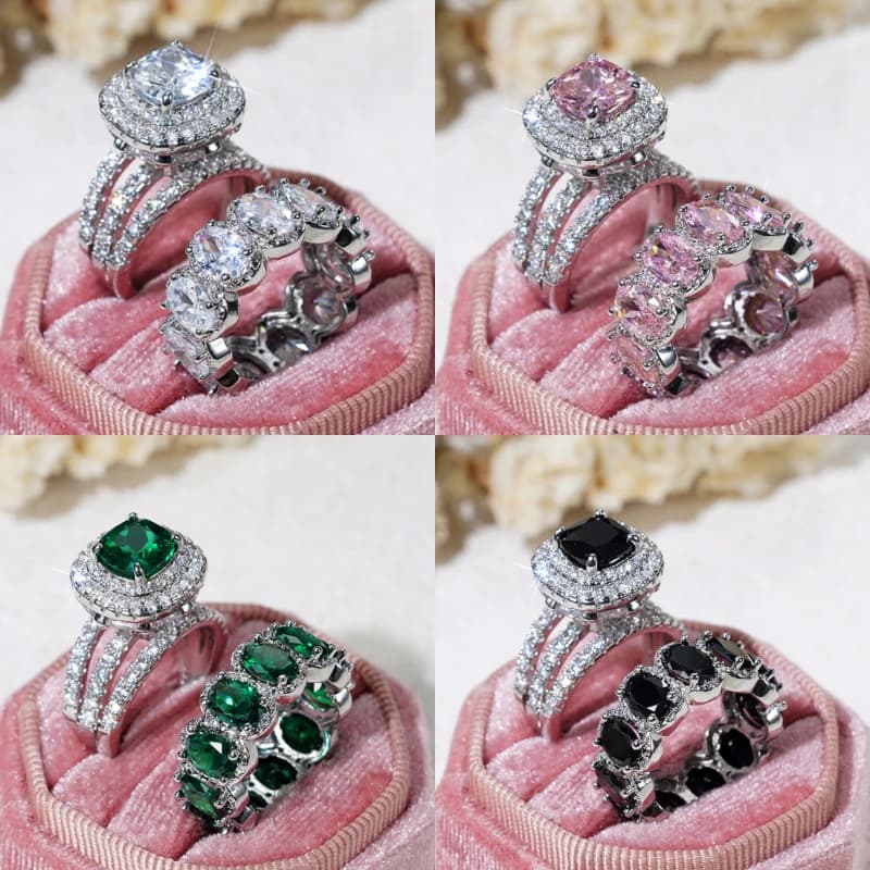 Huitan Gorgeous 2Pcs Wedding Rings for Women White/Pink/Green/Black Cubic Zirconia Set Rings Luxury Trendy Engagement Jewelry