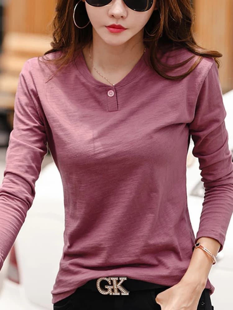 2026 Long Sleeve Spring Women Slub Cotton T Shirts Female Button Green V-Neck Solid Color T-shirt Coffee Korean Soft Loose Tops