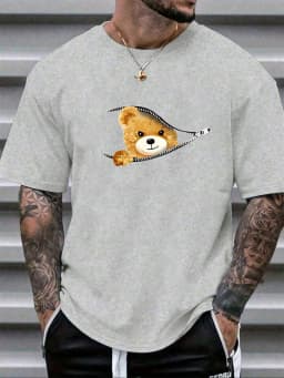 100% Cotton Men's Summer Loose Fitting Casual Stylish Bear Pattern Print Round Neck Short Sleeved T-Shirt Top