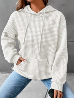 Women's Hooded Sweatshirt Spring and Autumn Style Waffle Fashion Beautiful Solid Color Hooded Drawstring Loose Sweatshirt