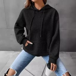 Women's Hooded Sweatshirt Spring and Autumn Style Waffle Fashion Beautiful Solid Color Hooded Drawstring Loose Sweatshirt