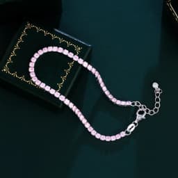 QooLady 925 Sterling Silver Round Pink CZ Tennis Link Bracelet for Women Classic Adjustable Size Female Wedding Jewelry SB013