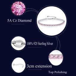 QooLady 925 Sterling Silver Round Pink CZ Tennis Link Bracelet for Women Classic Adjustable Size Female Wedding Jewelry SB013