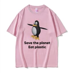 Save The Earth Eat Plastic Funny Meme T-Shirt Cute Penguin Graphics Men's T Shirt Fashion Casual Oversized Short Sleeve T-shirts