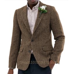 Male Suit Gray Men's Jacket Dark Gray Herringbone Wool Tweed Lapel Collar Single Breasted Formal Bussiness Jacket for Wedding