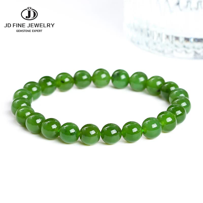JD Natural Hetian Green Jade Round Bead Bracelets Women Genuine Gemstone Single Circle Reiki Healing Energy Balance Jewelry Gift