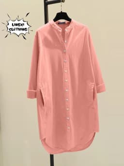 Fashion New Elegant Solid Cotton Linen Women's Shirt Single Breasted Round Neck Casual Commuter Style Mid Length Shirt