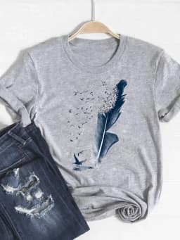Print T Shirt Short Sleeve Flower Vintage Cute 90s Summer Top Fashion Clothes Women Clothing Gray Basic Tee Graphic T-shirt