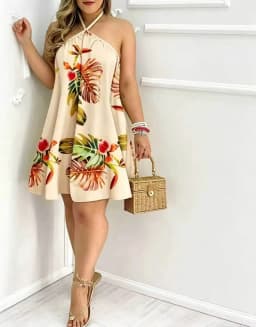 Tropical Print Halter Neck Dress, Vacation Style Backless Dress For Spring & Summer, Women's Clothing