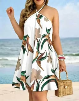 Tropical Print Halter Neck Dress, Vacation Style Backless Dress For Spring & Summer, Women's Clothing