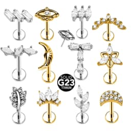 ASTM F136 G23 Titanium Flower Moon Crown Threadless Piercing Crescent Pin Push in Labret Stud Daith Conch Earring 16G 18G 20G