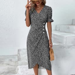 Elegant Floral Pleated H shaped Midi Dress Female V Neck Puff Sleeve Waist Ruched Button Dresses Women Summer Dress Robe
