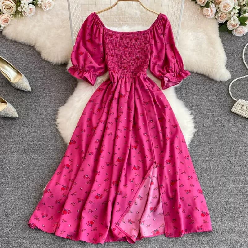 2026 Fashion New Summer Flower Print Long Dress Women Vintage Square Neck Ruched Chest Split Sundress Party Vestidos