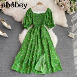 2026 Fashion New Summer Flower Print Long Dress Women Vintage Square Neck Ruched Chest Split Sundress Party Vestidos