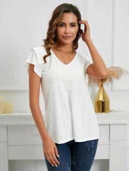 Women V Neck Eyelet Embroidery Blouse Ruffle Short Sleeve Hollow Out Casual Summer Tops