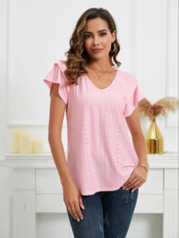 Women V Neck Eyelet Embroidery Blouse Ruffle Short Sleeve Hollow Out Casual Summer Tops