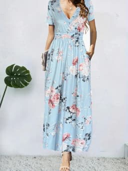 Spring and Summer New Style Fashionable and Elegant Short-Sleeved Wrap Waist V-Neck Women's Dress with Pockets