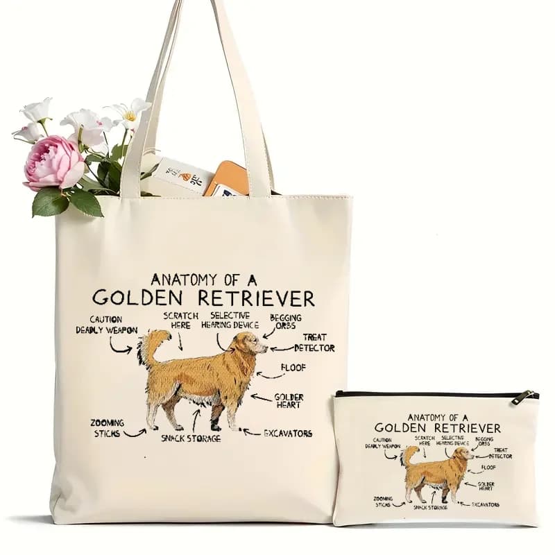 2Pcs Golden Retriever Print Aesthetic Shoulder Bag, All-Match Versatile Shopping Grocery Handbag For Women