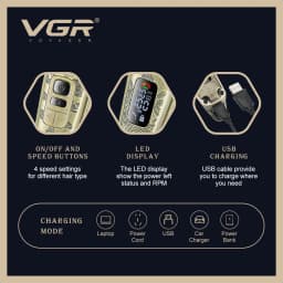 VGR V-643 High-End Men's Hair Clipper with Retro Metal Body, Professional Hair Trimmer with LCD Digital Display and Push Shear