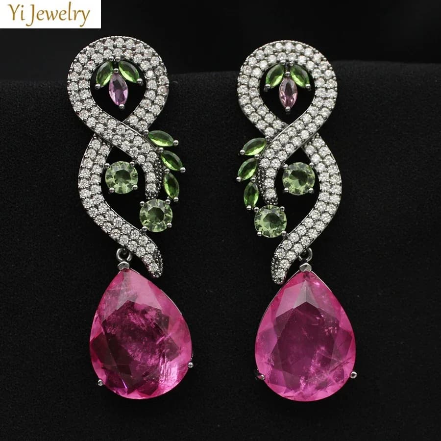 Womens Dangle Earrings Big Water Drop Long Shiny Zircon Dark Red Pink Luxury Jewelry Wedding Evening Party Female Gift
