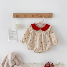 2026 Autumn Cherry Printed Girls Bodysuit Sweet Peter Pan Collar Long Sleeves Princess Romper Daily Wear Toddler Clothing