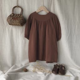 French Round Neck Pleated Cotton Crepe Muslin Dress Girls 2026 Autumn New Casual Loose Retro Brown Children's Dresses