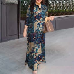 ZANZEA Women Fasihon Shirtdress Lapel Oversized 2024 Autumn Cotton Maxi Sundress Vintage Floral Print 3/4 Sleeve Long Dresses