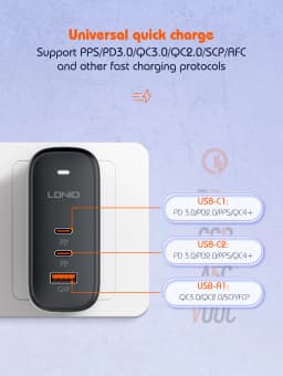 LDNIO 65W USB C Charger Travel Charger GaN Charger 3 Port International Plug Adapter EU UK US AU Travel Plug Adapter Power Cord