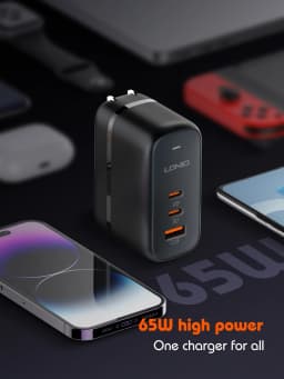 LDNIO 65W USB C Charger Travel Charger GaN Charger 3 Port International Plug Adapter EU UK US AU Travel Plug Adapter Power Cord