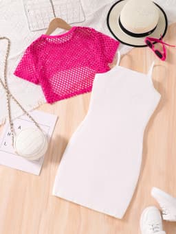 Summer girls' fashion dress two-piece set, white letter printed suspender dress, mesh short sleeved top
