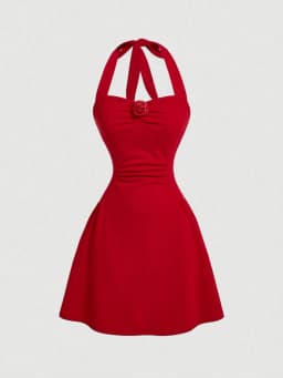 Red Rose Pure Desire Wind Waist Sleeveless Bow Hanging Neck Strap Naked Back Sexy Slimming and Slimming Solid Color Dress