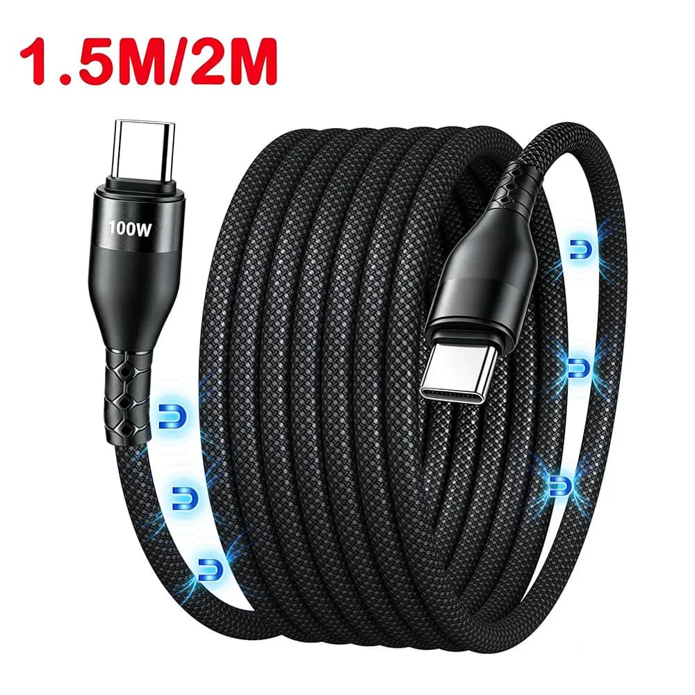 1.5M/2M 100W PD Fast Charging Cable Magnetic Suction Anti Winding USB C to USB Type C QC 4.0 Cord for iPhone 15 MacBook Huawei