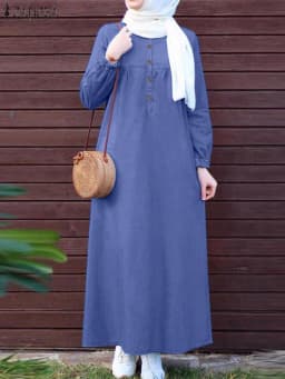 2024 ZANZEA Women Muslim Dresses Vintage Abaya Hijab Dress Jilbab Islamic Clothing Fashion Long Sleeve Denim Blue Maxi Sundress