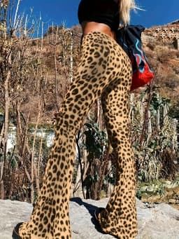 New High Waist Leopard Print Flare Pants Women's Stretchy Casual Streetwear Tummy Control Bootcut Trousers Elastic Waistband