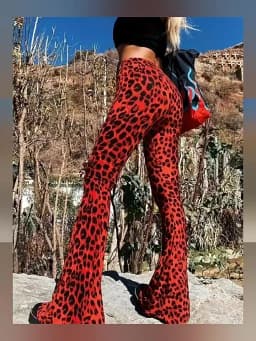 New High Waist Leopard Print Flare Pants Women's Stretchy Casual Streetwear Tummy Control Bootcut Trousers Elastic Waistband