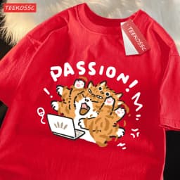 A Little Orange Cat Who Loves Work Printing Mens T Shirts Cotton All-Match T Shirt Comfortable Streetwear Unisex Soft Clothes