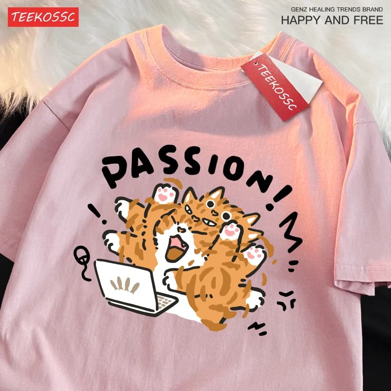 A Little Orange Cat Who Loves Work Printing Mens T Shirts Cotton All-Match T Shirt Comfortable Streetwear Unisex Soft Clothes