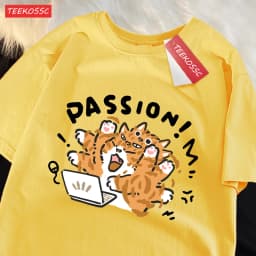 A Little Orange Cat Who Loves Work Printing Mens T Shirts Cotton All-Match T Shirt Comfortable Streetwear Unisex Soft Clothes