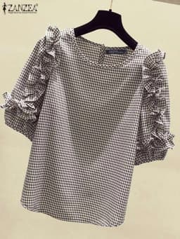 ZANZEA 2024 Casual Loose Blusas Autumn Women Blouse Vintage Ruffle Lantern 3/4 Sleeve Tops Round Neck Contrasting Checked Tunics
